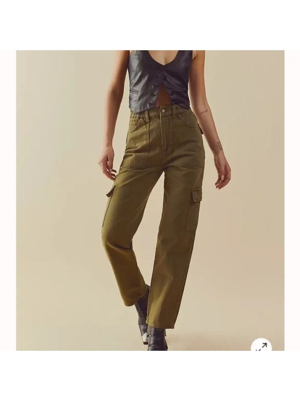 Free People Ezra High Rise Cargo Pants in Oregano Green Straight Leg Cotton